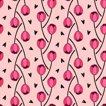 Vector seamless pattern with red tulip flowers and hearts. Hand drawn doodle  Illustrazione stock