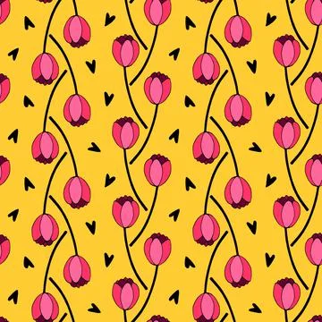 Vector seamless pattern with red tulip flowers and hearts. Hand drawn doodle  Stock-Illustration
