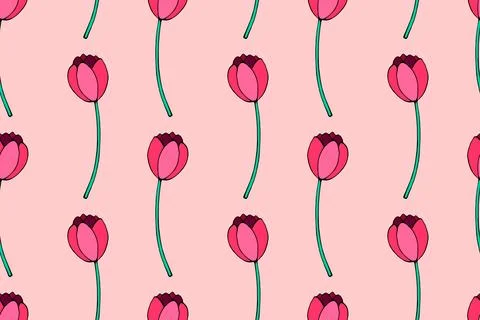 Vector seamless pattern with red tulip flowers. Hand drawn doodle spring te.. Stock Illustration
