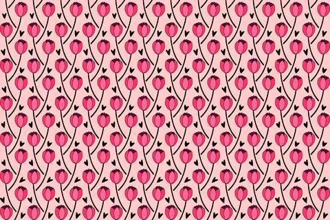 Vector seamless pattern with red tulip flowers and hearts. Hand drawn doodl.. Stock Illustration