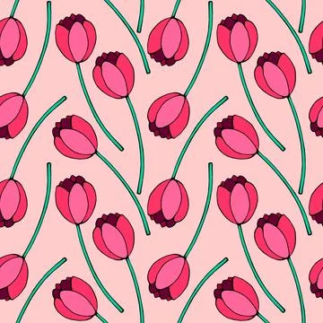 Vector seamless pattern with red tulip flowers. Hand drawn doodle spring te.. Stock Illustration
