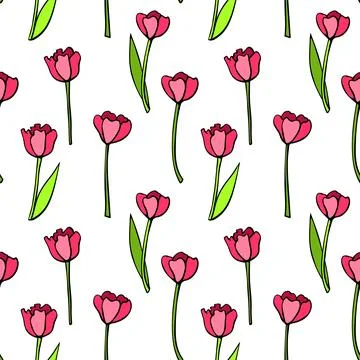 Vector seamless pattern with red tulip flowers. Hand drawn doodle cute brig.. Stock Illustration