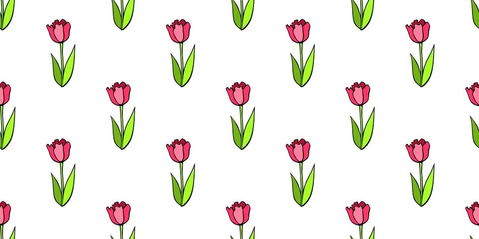 Vector seamless pattern with red tulip flowers. Hand drawn doodle cute brig.. Stock Illustration