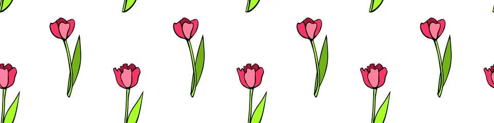 Vector seamless pattern with red tulip flowers. Hand drawn doodle cute brig.. Stock Illustration