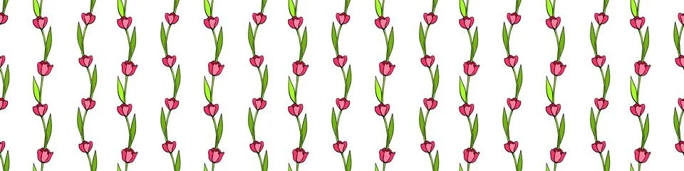Vector seamless pattern with red tulip flowers. Hand drawn doodle spring te.. Stock Illustration