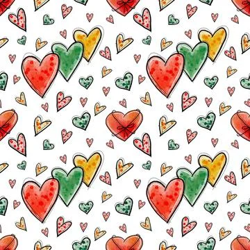 Vector seamless pattern with red yellow green hand drawing hearts Stock Illustration