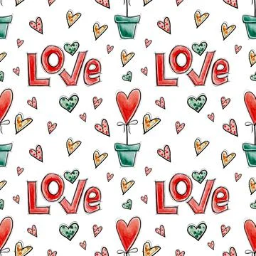 Vector seamless pattern with red yellow green hand drawing hearts and letteri Stock Illustration