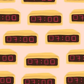 Vector seamless pattern with retro alarm clocks with numbers on beige background Stock Illustration