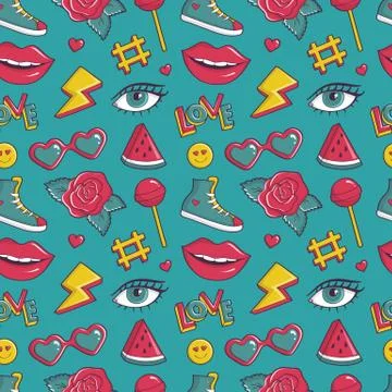 Vector seamless pattern with retro patches. イラスト素材