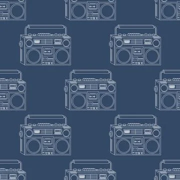 Vector seamless pattern with retro tape recorder on dark blue background Stock Illustration