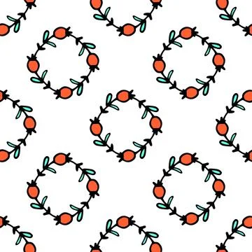 Vector seamless pattern of a rhombus of red berries and turquoise leaves.a Stock Illustration