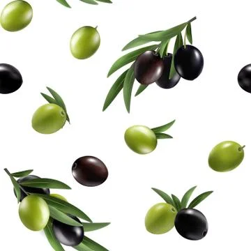 Vector seamless pattern with ripe black and green olives on white. Background 스톡 일러스트