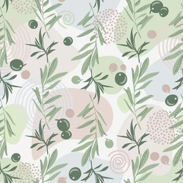 Vector seamless pattern with ripe olives and branches with leaves Stock Illustration