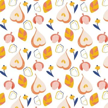 Vector seamless pattern with ripe pears, lychees and flowers. Trendy hand dra Stock Illustration