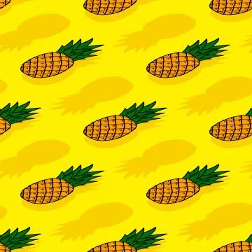 Vector seamless pattern, ripe yellow pineapple with green leaves. Stock Illustration