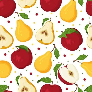Vector seamless pattern with ripe yellow pears and red apples Stock Illustration