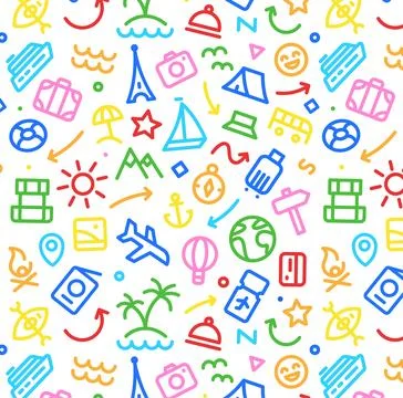 Vector Seamless pattern. Road Adventure. Line icons about travelling, touri.. Stock Illustration
