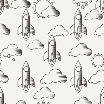 Vector seamless pattern with rockets, clouds and sun 库存插图