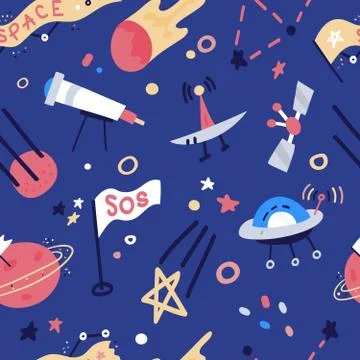 Vector Seamless Pattern With rockets, satellite, UFO, stars. Cartoon flat sty 스톡 일러스트