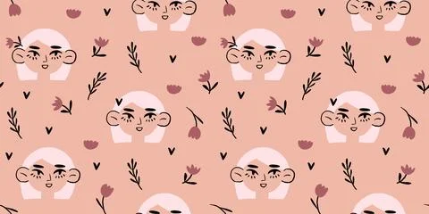 Vector seamless pattern with romantic girls portraits with simple minimalistic Stock Illustration
