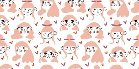 Vector seamless pattern with romantic girls pattern with hearts on white Illustrazione stock