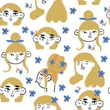 Vector seamless pattern with romantic girls with blond hair. Spring girls Stock Illustration