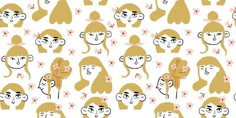 Vector seamless pattern with romantic girls with blond hair. Spring girls Stock Illustration