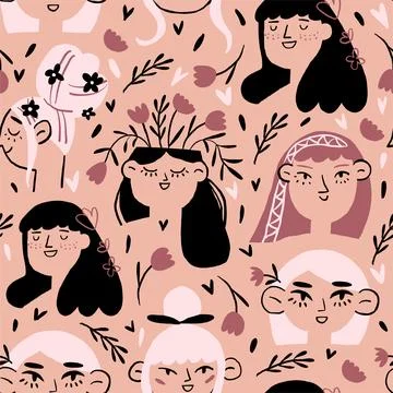 Vector seamless pattern with romantic women portraits, flowers, heats in pastel Stock Illustration
