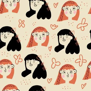 Vector seamless pattern with romantic women portraits, flowers, heats in pastel Illustrazione stock