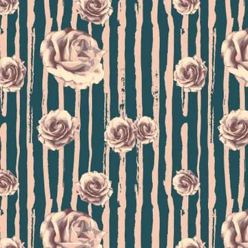 Vector seamless pattern with roses and horizontal lines in hand drawn style Stock Illustration