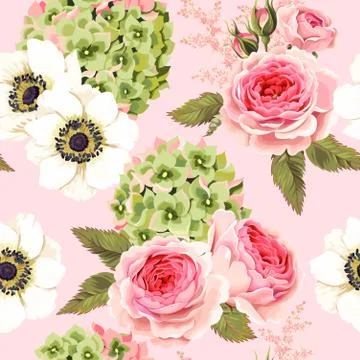 Vector seamless pattern with roses and hydrangea Stock Illustration