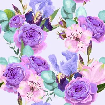Vector seamless pattern with roses and iris Stock Illustration