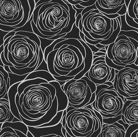 Vector seamless pattern with roses contours on back backround. Stock Illustration