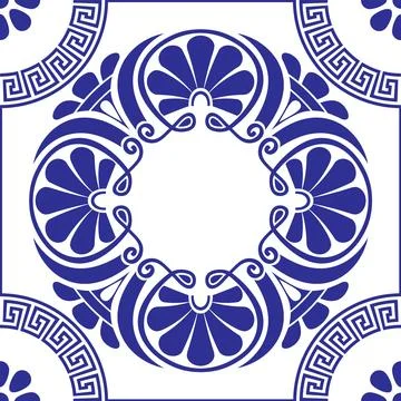 Vector seamless pattern with round ornament in blue and white colors. Traditiona Stock Illustration