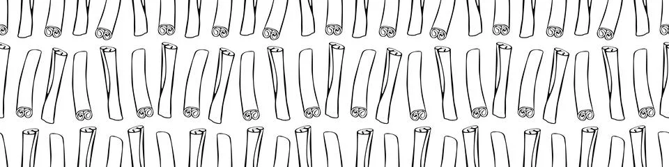 Vector seamless pattern with rows of contour cinnamon sticks in doodle style. Illustrazione stock