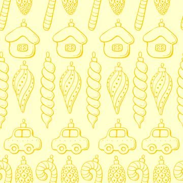 Vector seamless pattern with rows of outline toys, balls, decorations for xma Stock Illustration
