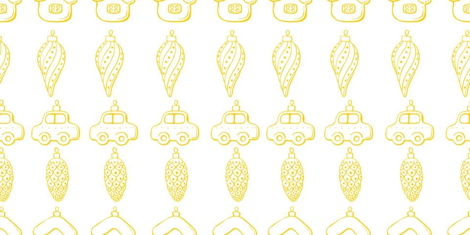 Vector seamless pattern with rows of outline toys, balls, decorations for xma Stock Illustration
