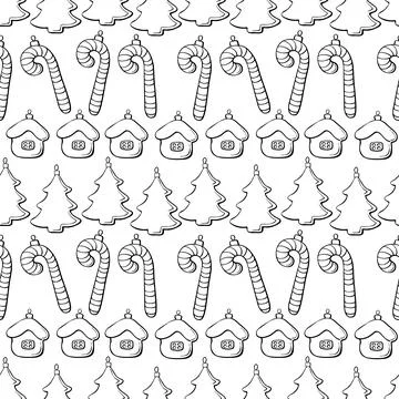 Vector seamless pattern with rows of outline toys, candy canes, houses, decor Illustrazione stock