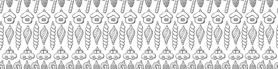 Vector seamless pattern with rows of outline toys, balls, decorations for xma Stock Illustration