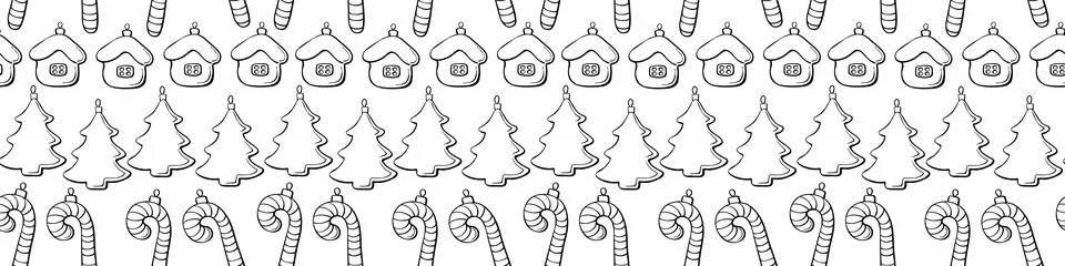 Vector seamless pattern with rows of outline toys, candy canes, houses, decor Stock Illustration