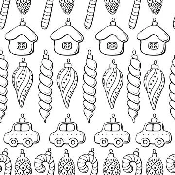 Vector seamless pattern with rows of outline toys, balls, decorations for xma Stock Illustration