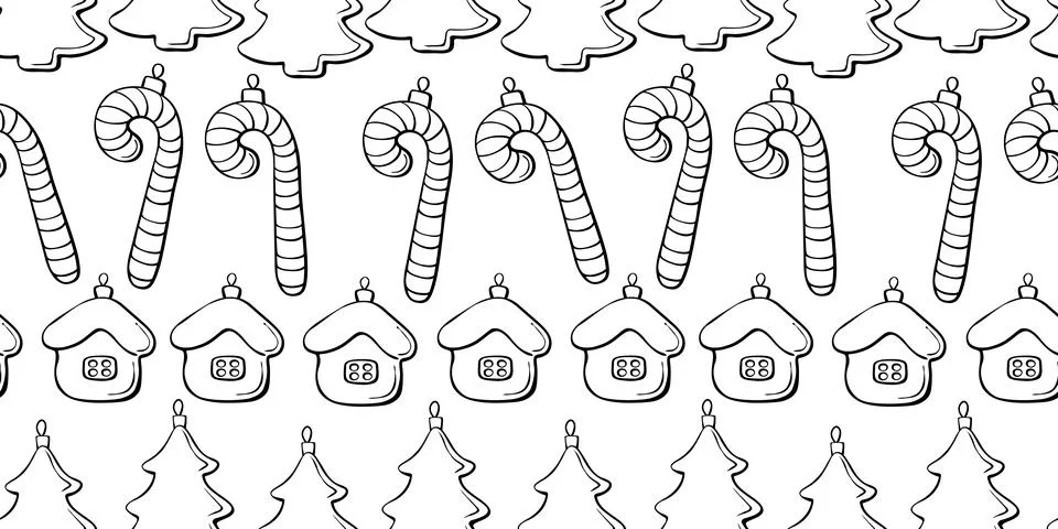 Vector seamless pattern with rows of outline toys, candy canes, houses, decor Illustrazione stock