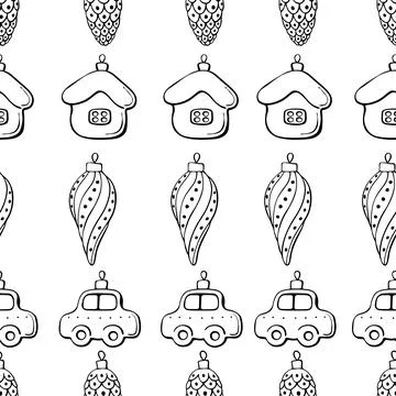Vector seamless pattern with rows of outline toys, balls, decorations for xma Stock Illustration
