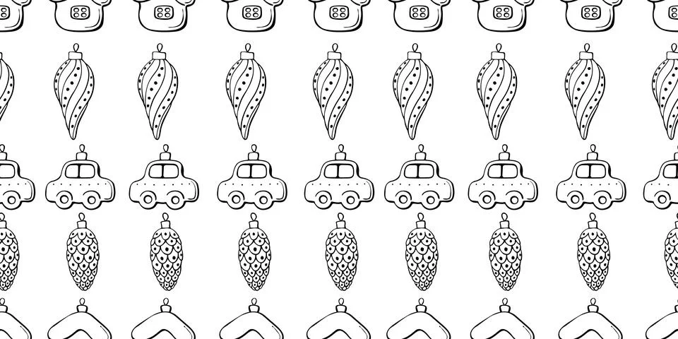 Vector seamless pattern with rows of outline toys, balls, decorations for xma Stock Illustration