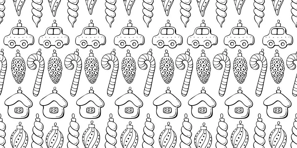 Vector seamless pattern with rows of outline toys, balls, decorations for xma Stock Illustration