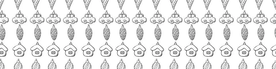 Vector seamless pattern with rows of outline toys, balls, decorations for xma Stock Illustration