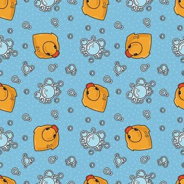 Vector seamless pattern with rubber ducks and soap foam, doodle cartoon sty.. Stock Illustration
