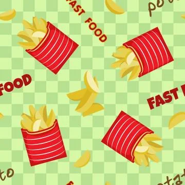 Vector seamless pattern of sachets with fried rustic potatoes. Stock Illustration