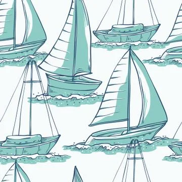 Vector seamless pattern sailing yachts on sea waves. Water transport for travel イラスト素材