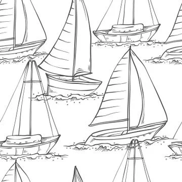 Vector seamless pattern sailing yachts on sea waves. Water transport for trav Stock Illustration